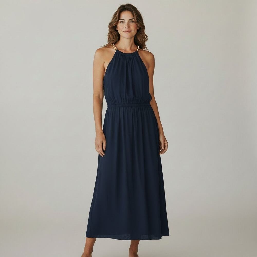 Talbots Blue Navy Halter Midi Dress Gold Chain Detail Elastic Waist Size 16